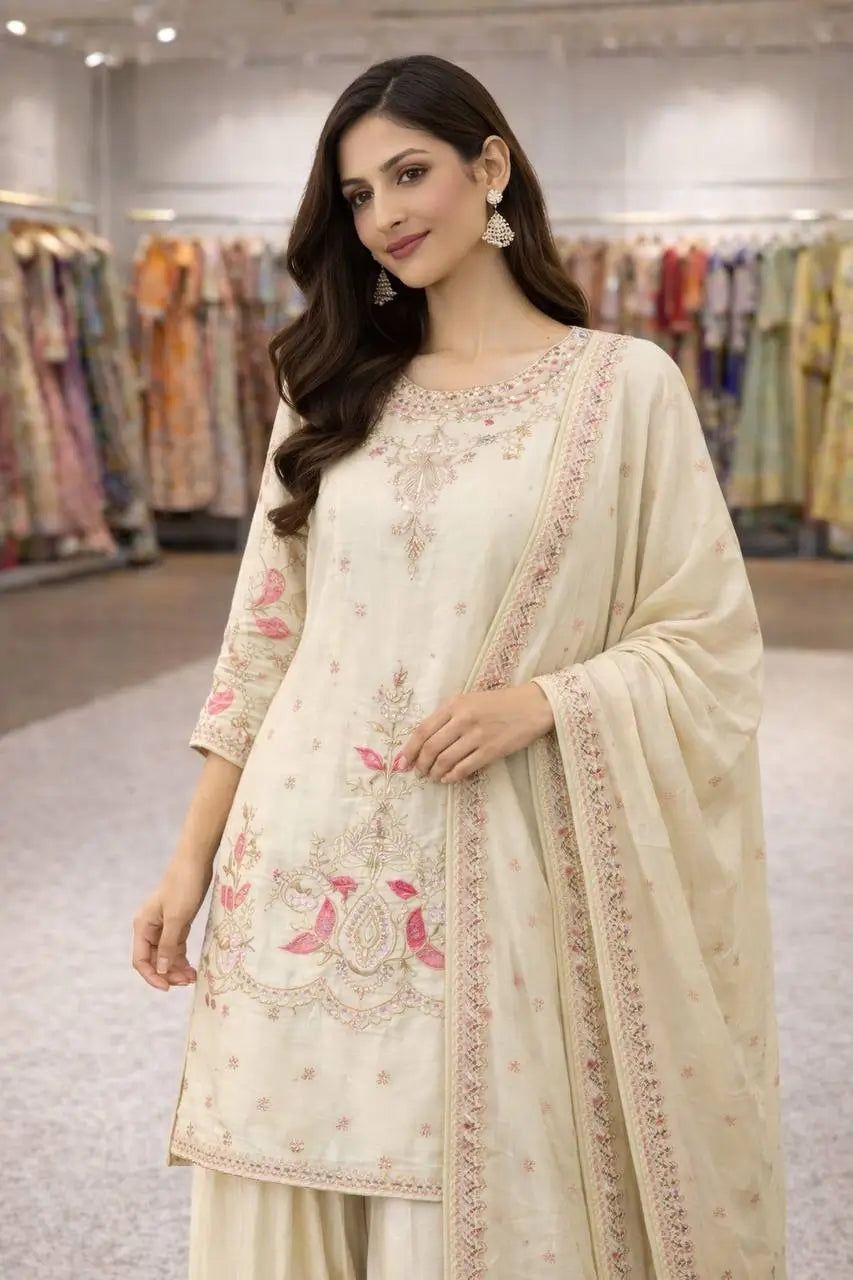 Premium Chinon Silk Embroidered Palazzo Suit Set