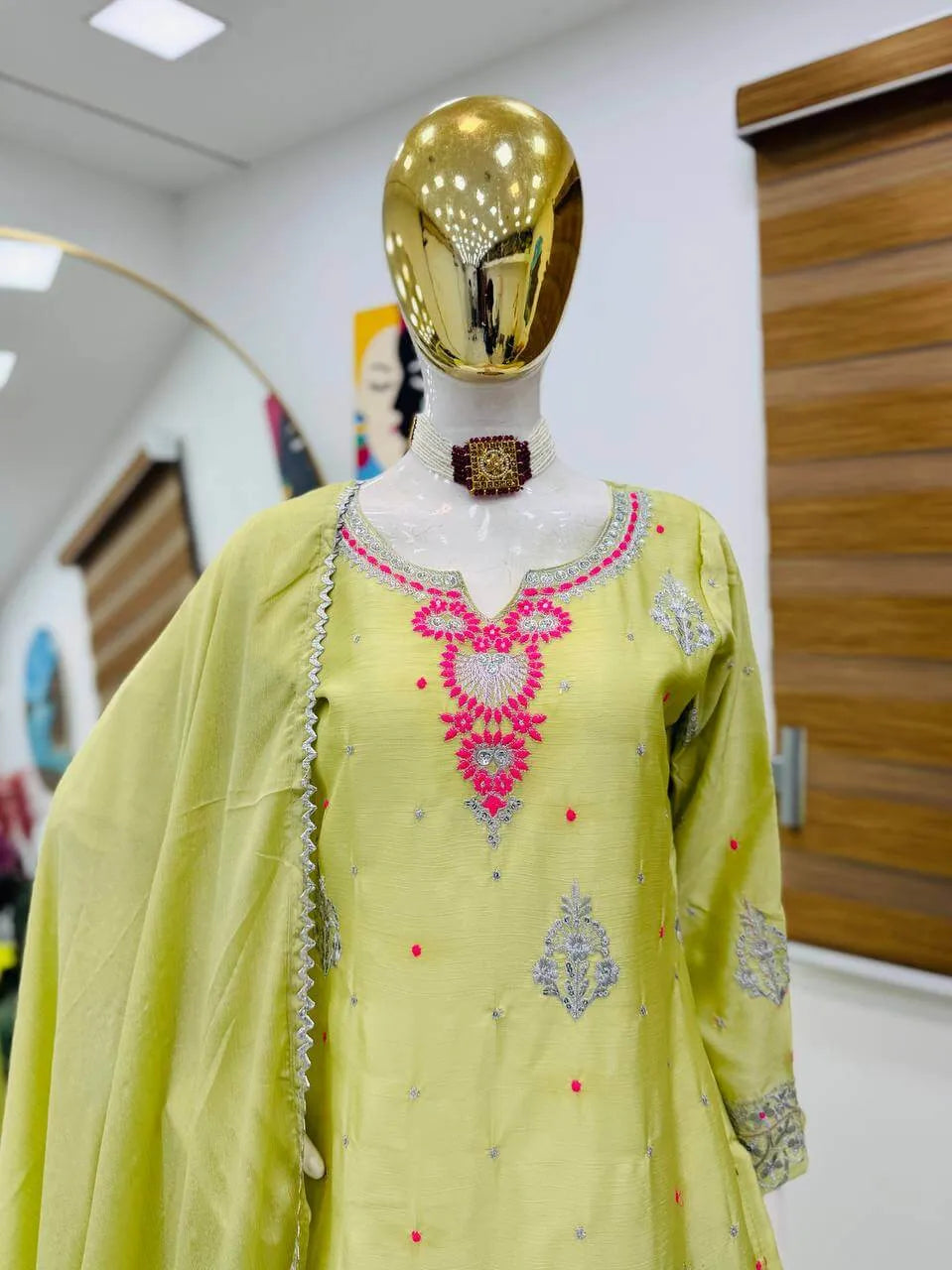 Premium Chinon Silk Embroidered Palazzo Suit Set