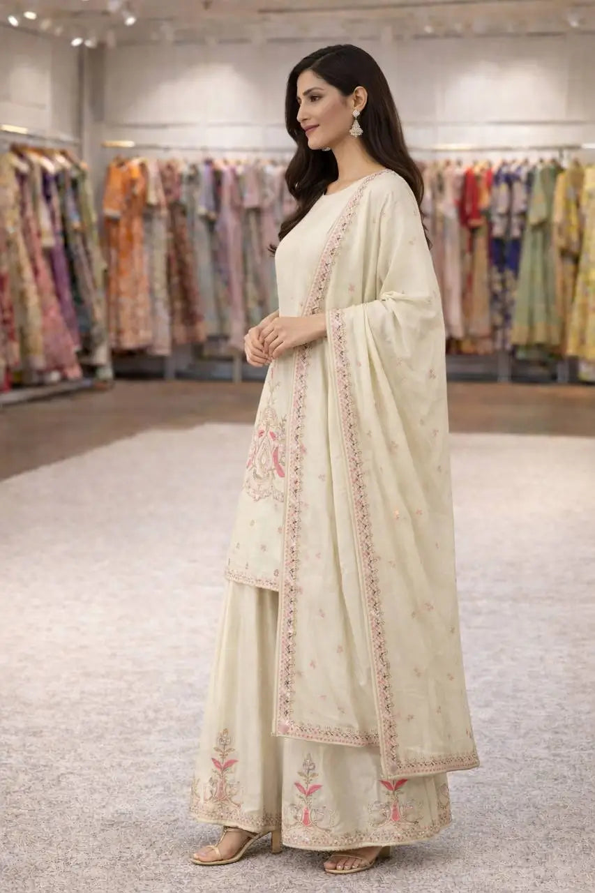 Premium Chinon Silk Embroidered Palazzo Suit Set