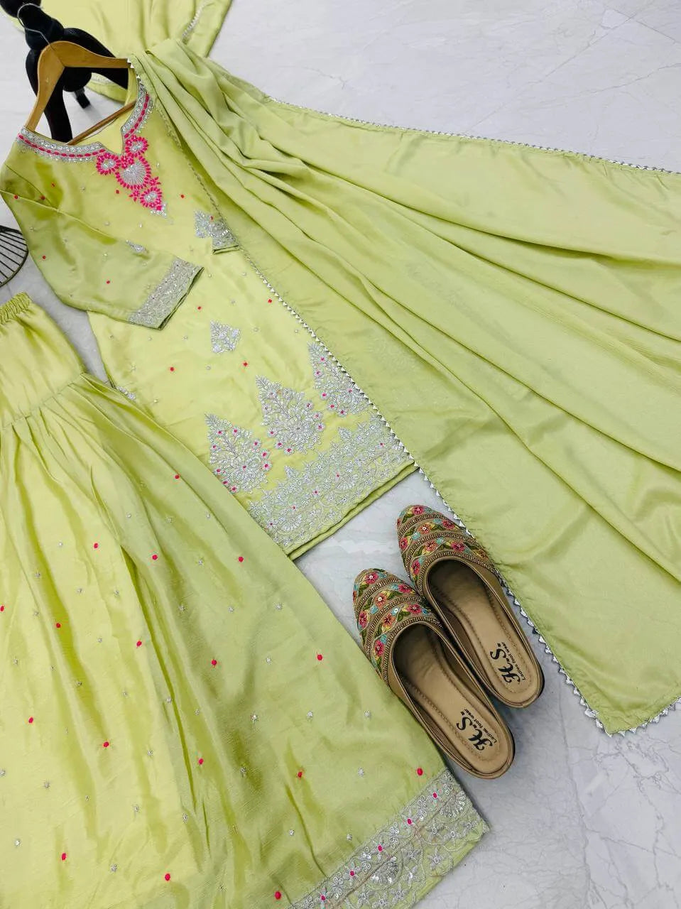 Premium Chinon Silk Embroidered Palazzo Suit Set