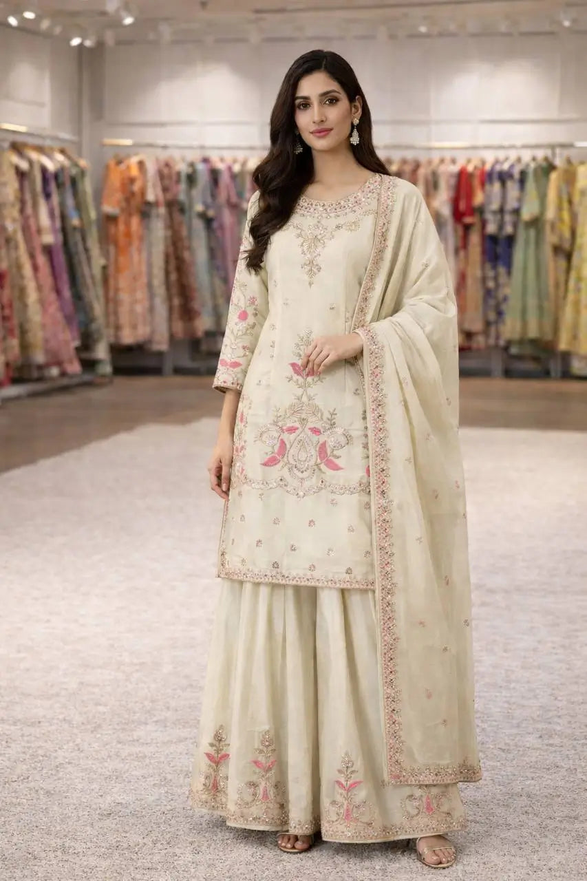 Premium Chinon Silk Embroidered Palazzo Suit Set