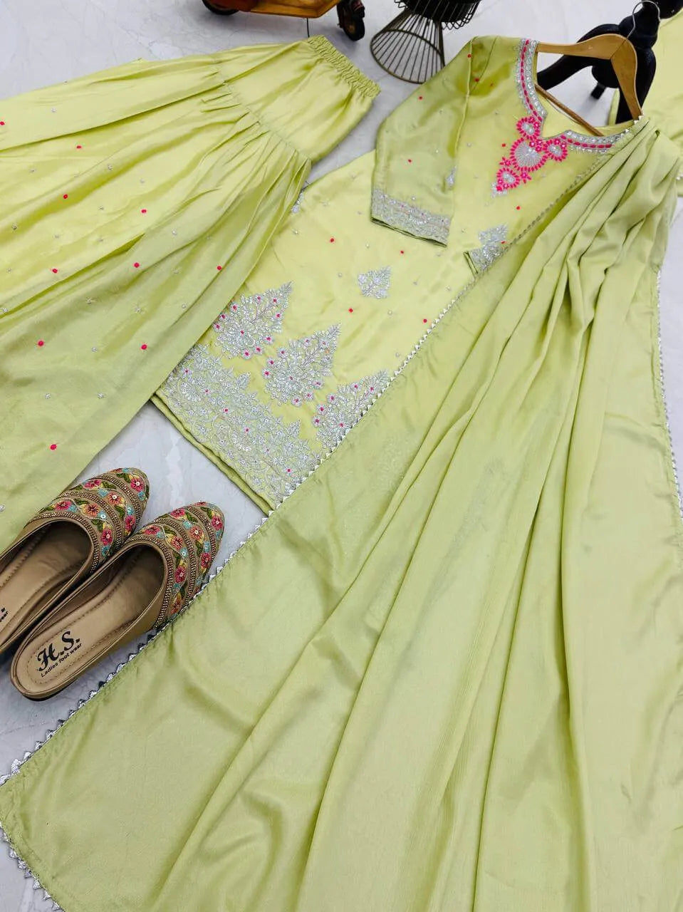 Premium Chinon Silk Embroidered Palazzo Suit Set