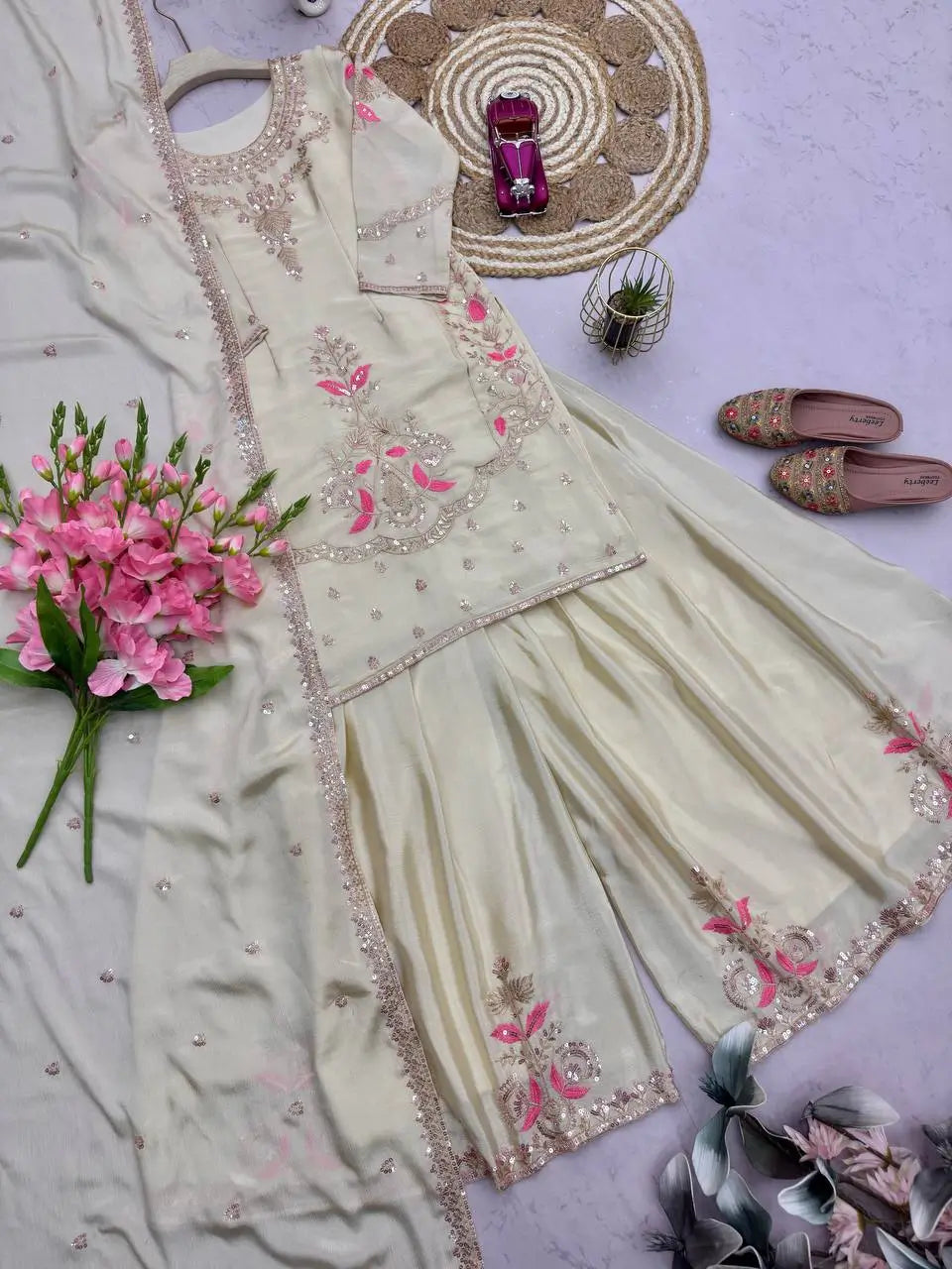 Premium Chinon Silk Embroidered Palazzo Suit Set