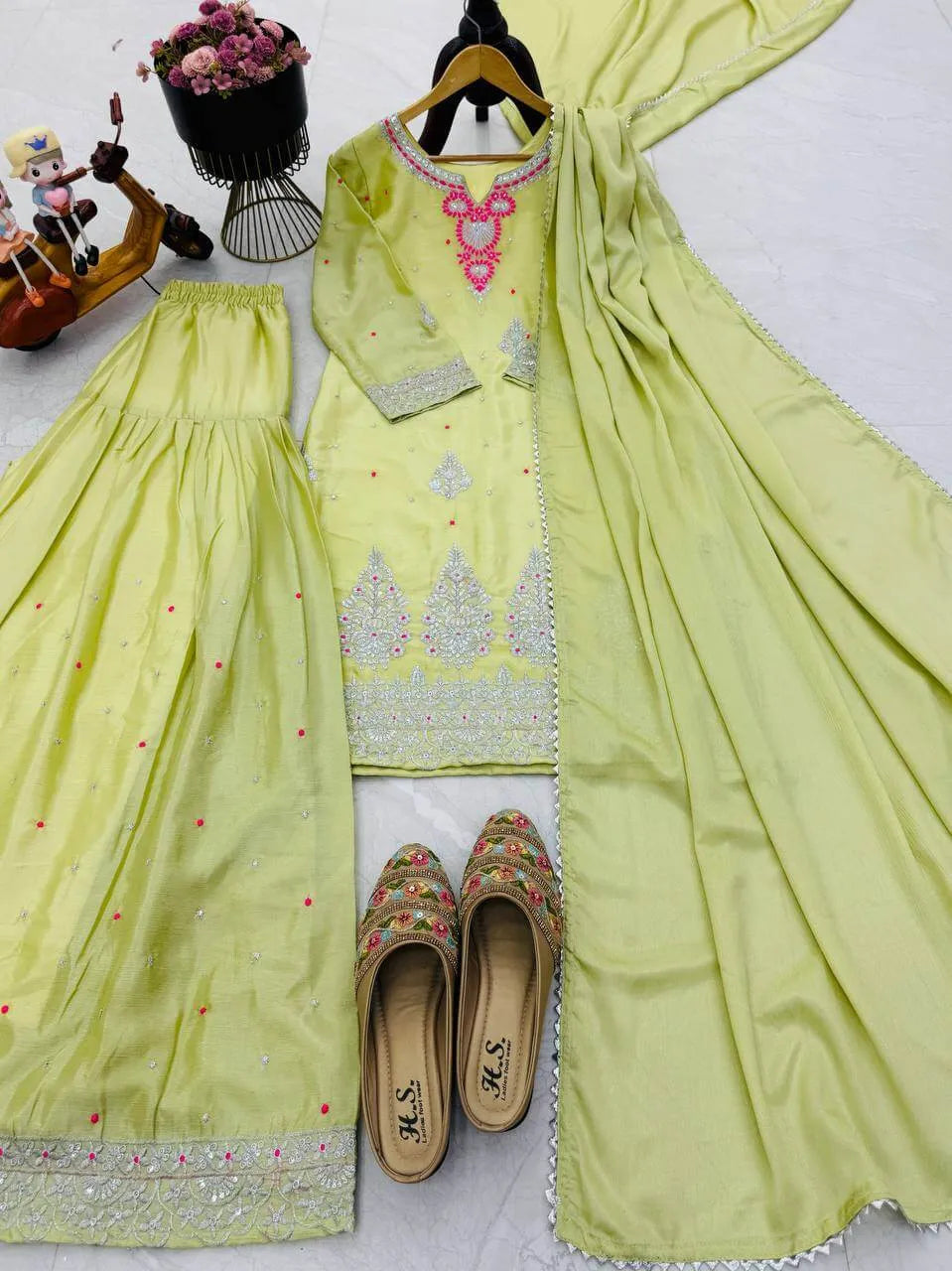 Premium Chinon Silk Embroidered Palazzo Suit Set