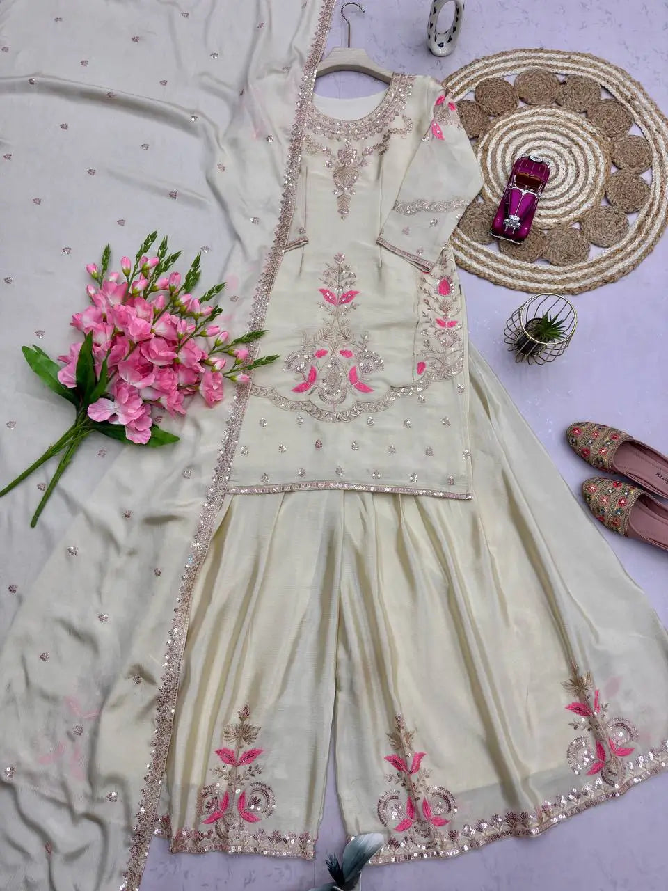 Premium Chinon Silk Embroidered Palazzo Suit Set