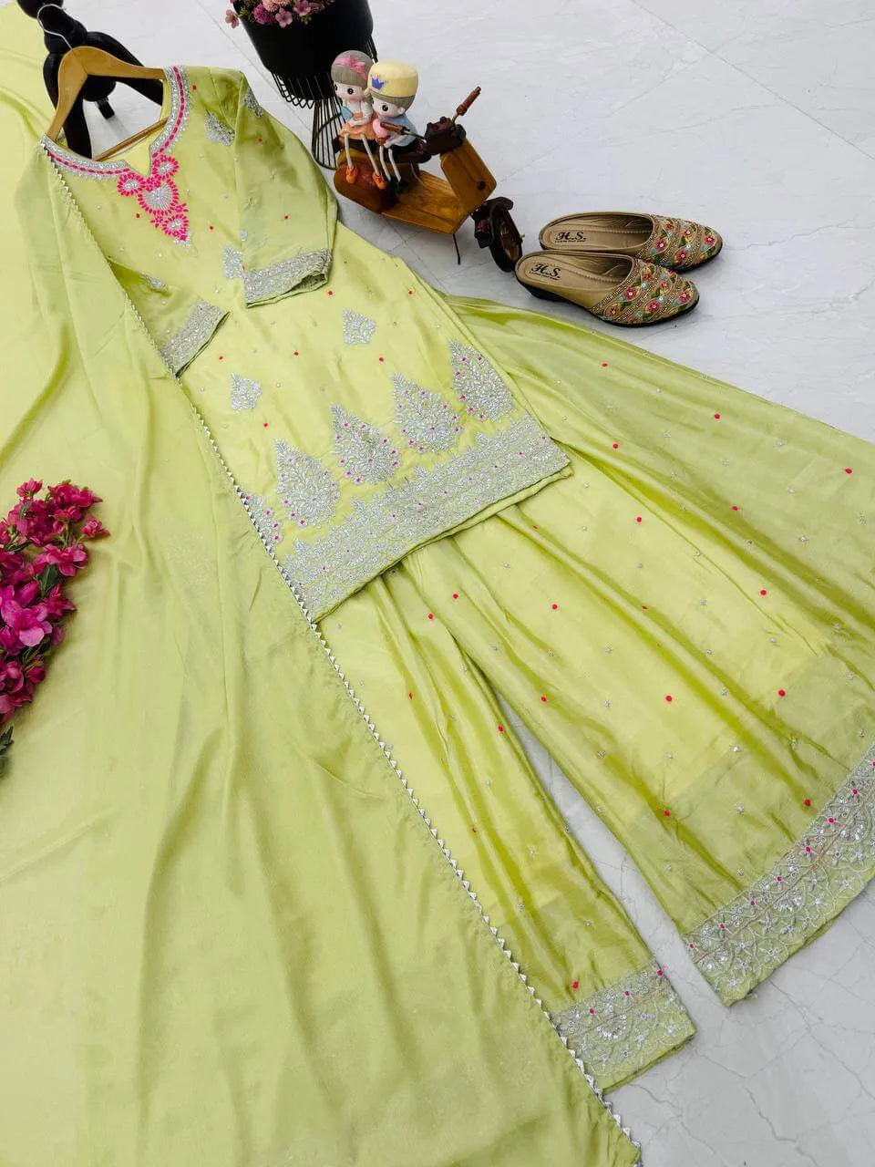 Premium Chinon Silk Embroidered Palazzo Suit Set
