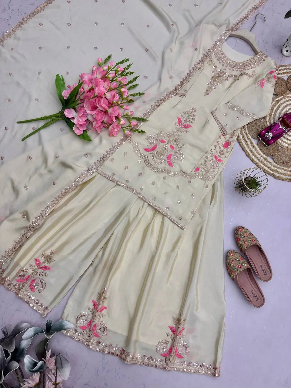 Premium Chinon Silk Embroidered Palazzo Suit Set