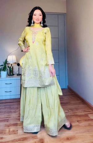 Premium Chinon Silk Embroidered Palazzo Suit Set