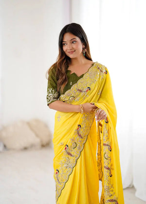 Premium Chinon Silk Saree with Heavy Embroidery & Sequins Work