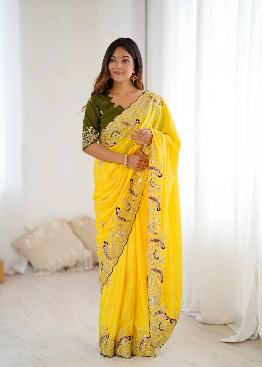 Premium Chinon Silk Saree with Heavy Embroidery & Sequins Work