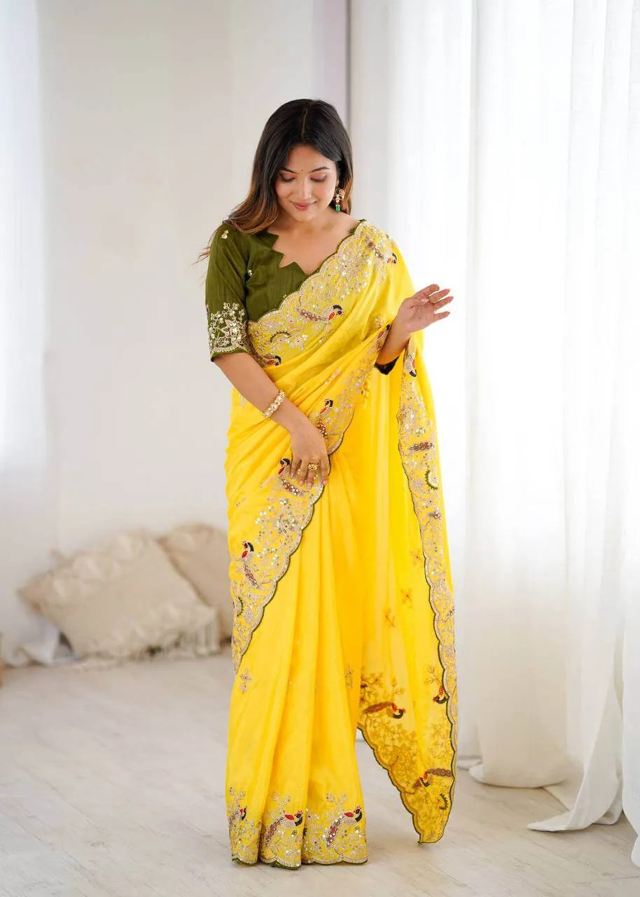 Premium Chinon Silk Saree with Heavy Embroidery & Sequins Work
