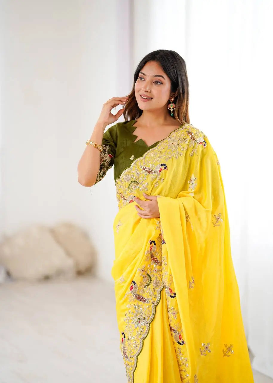 Premium Chinon Silk Saree with Heavy Embroidery & Sequins Work