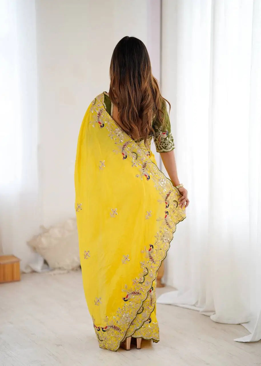 Premium Chinon Silk Saree with Heavy Embroidery & Sequins Work