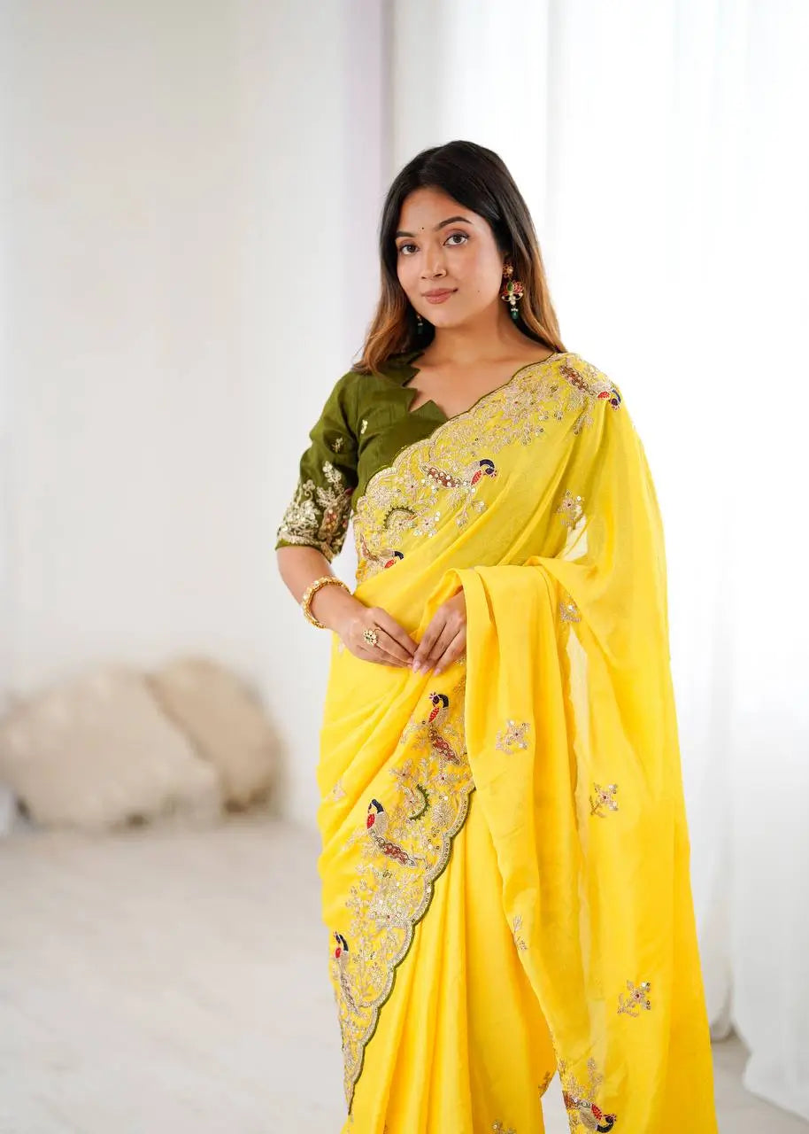Premium Chinon Silk Saree with Heavy Embroidery & Sequins Work