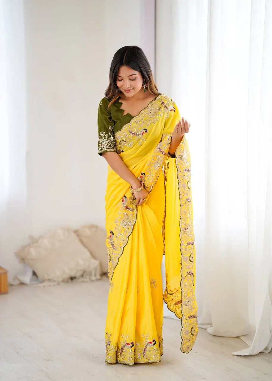Premium Chinon Silk Saree with Heavy Embroidery & Sequins Work