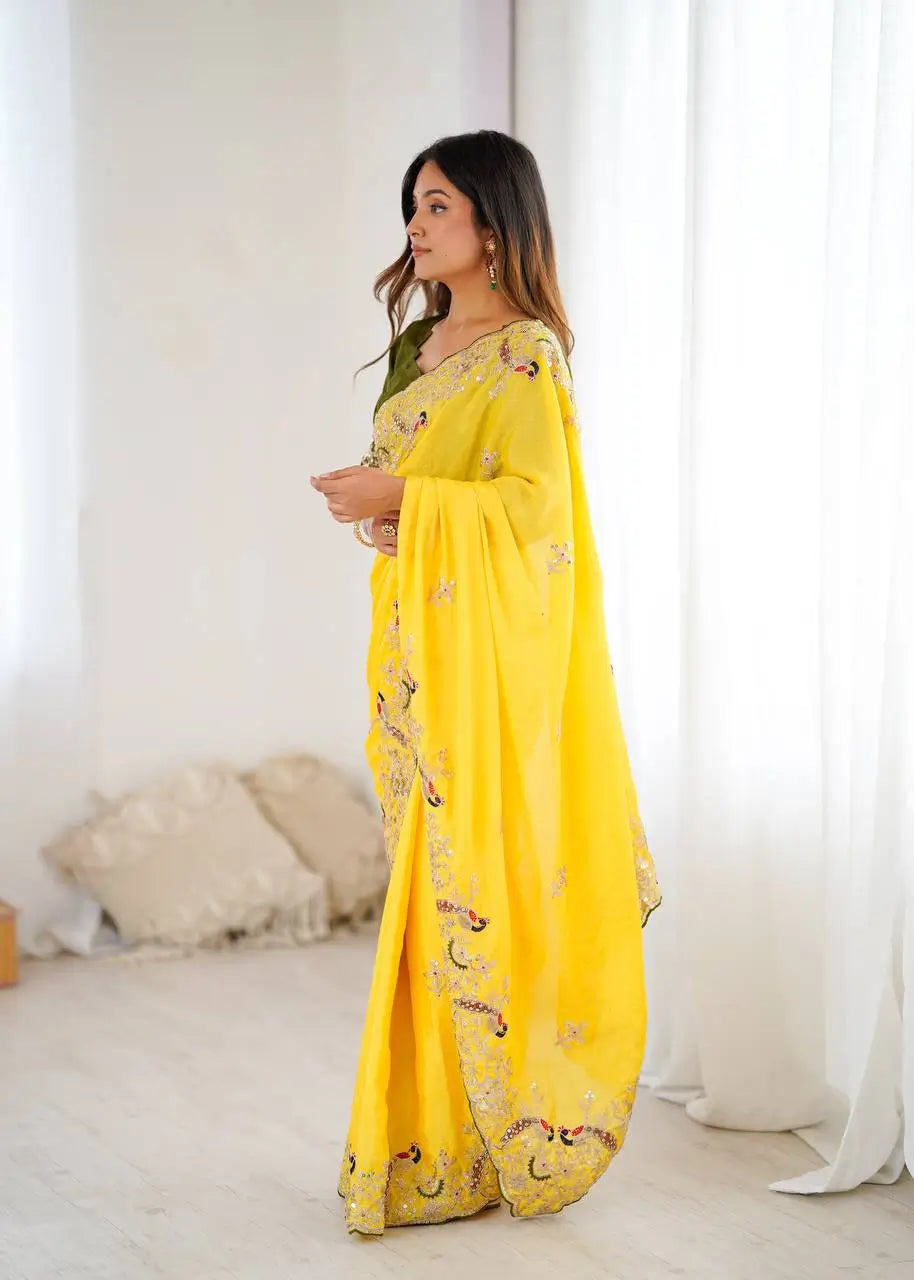 Premium Chinon Silk Saree with Heavy Embroidery & Sequins Work