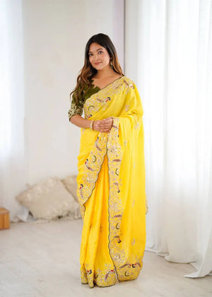 Premium Chinon Silk Saree with Heavy Embroidery & Sequins Work
