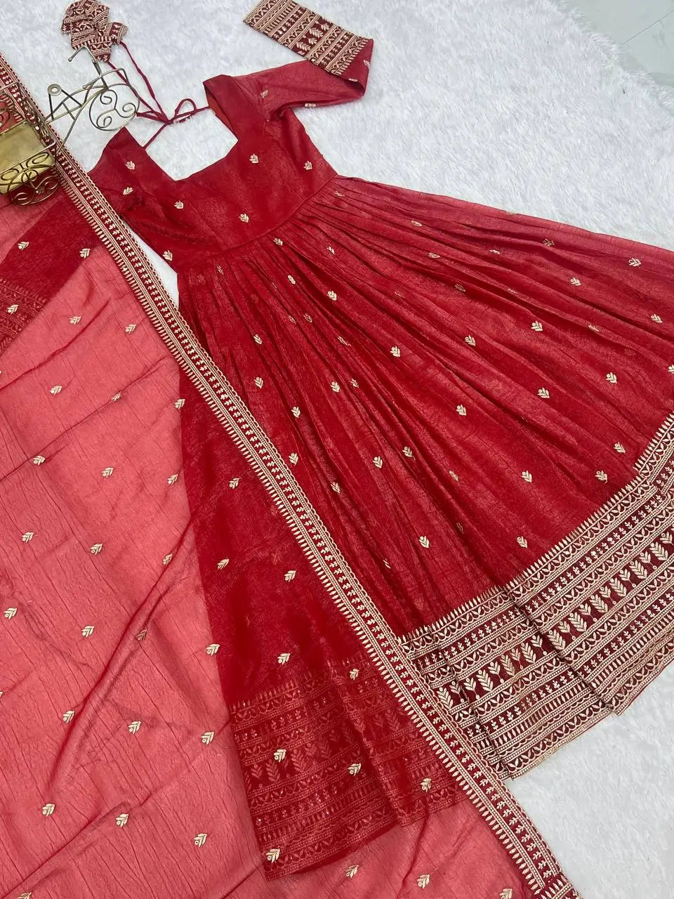 Premium Crunchy Silk Embroidered Anarkali Gown Set