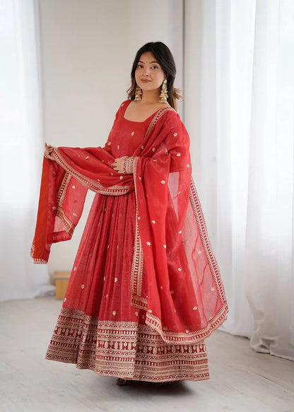 Premium Crunchy Silk Embroidered Anarkali Gown Set
