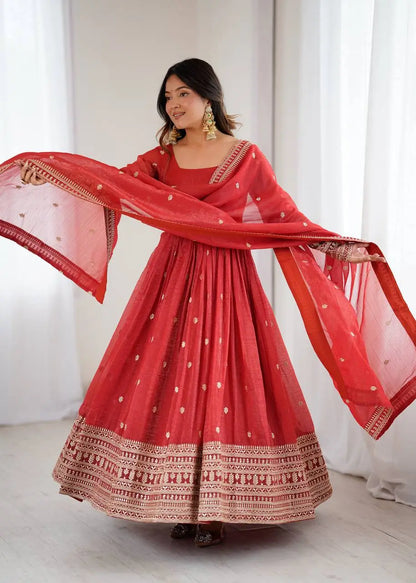 Premium Crunchy Silk Embroidered Anarkali Gown Set