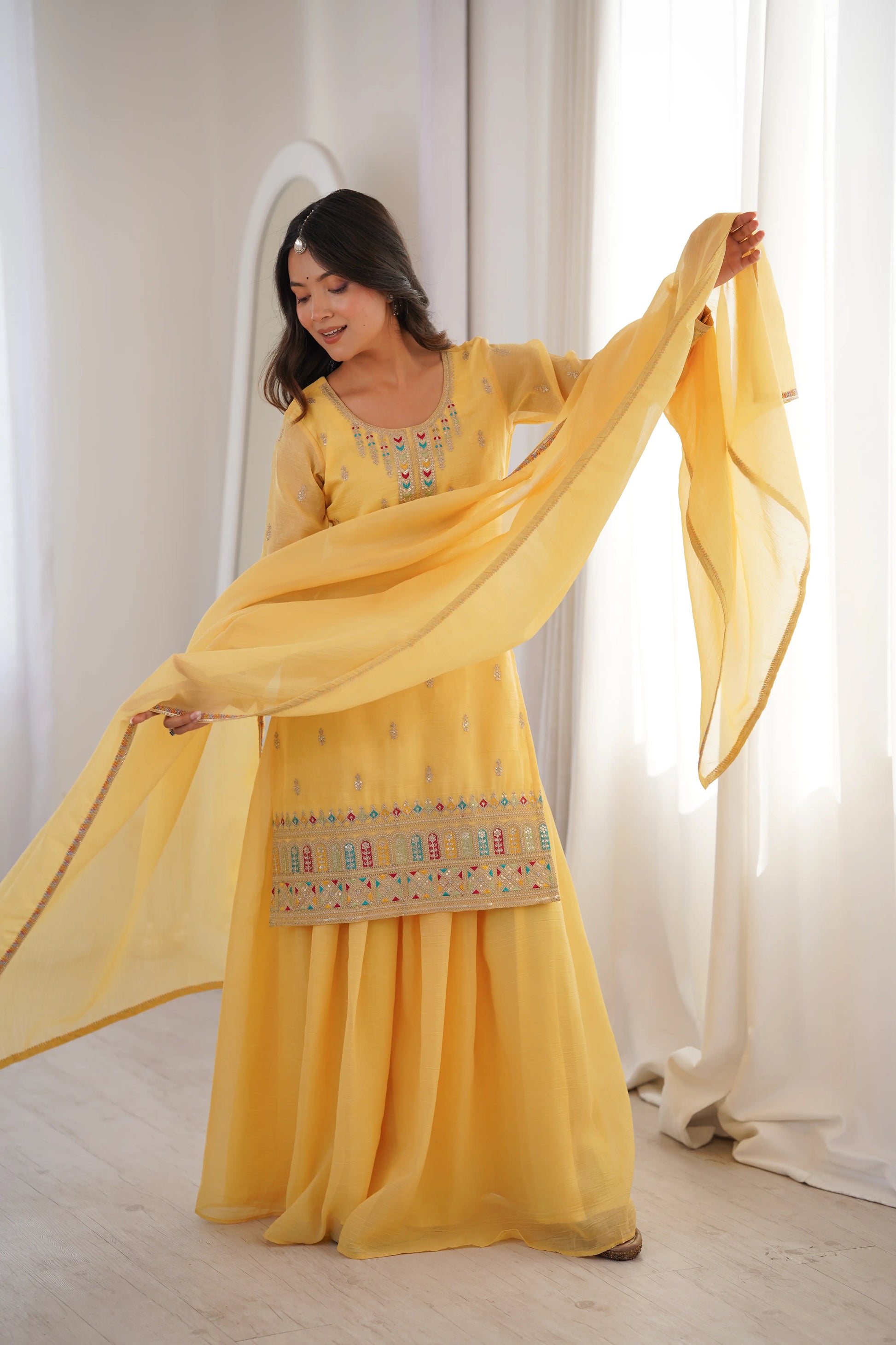 Premium Crunchy Silk Embroidered Sharara Set for Festive and Wedding Wear