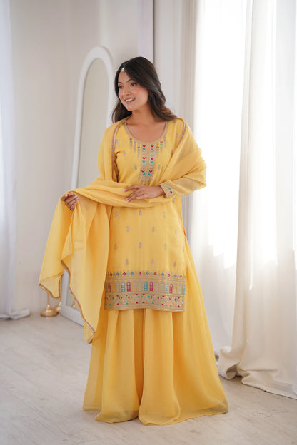 Premium Crunchy Silk Embroidered Sharara Set for Festive and Wedding Wear