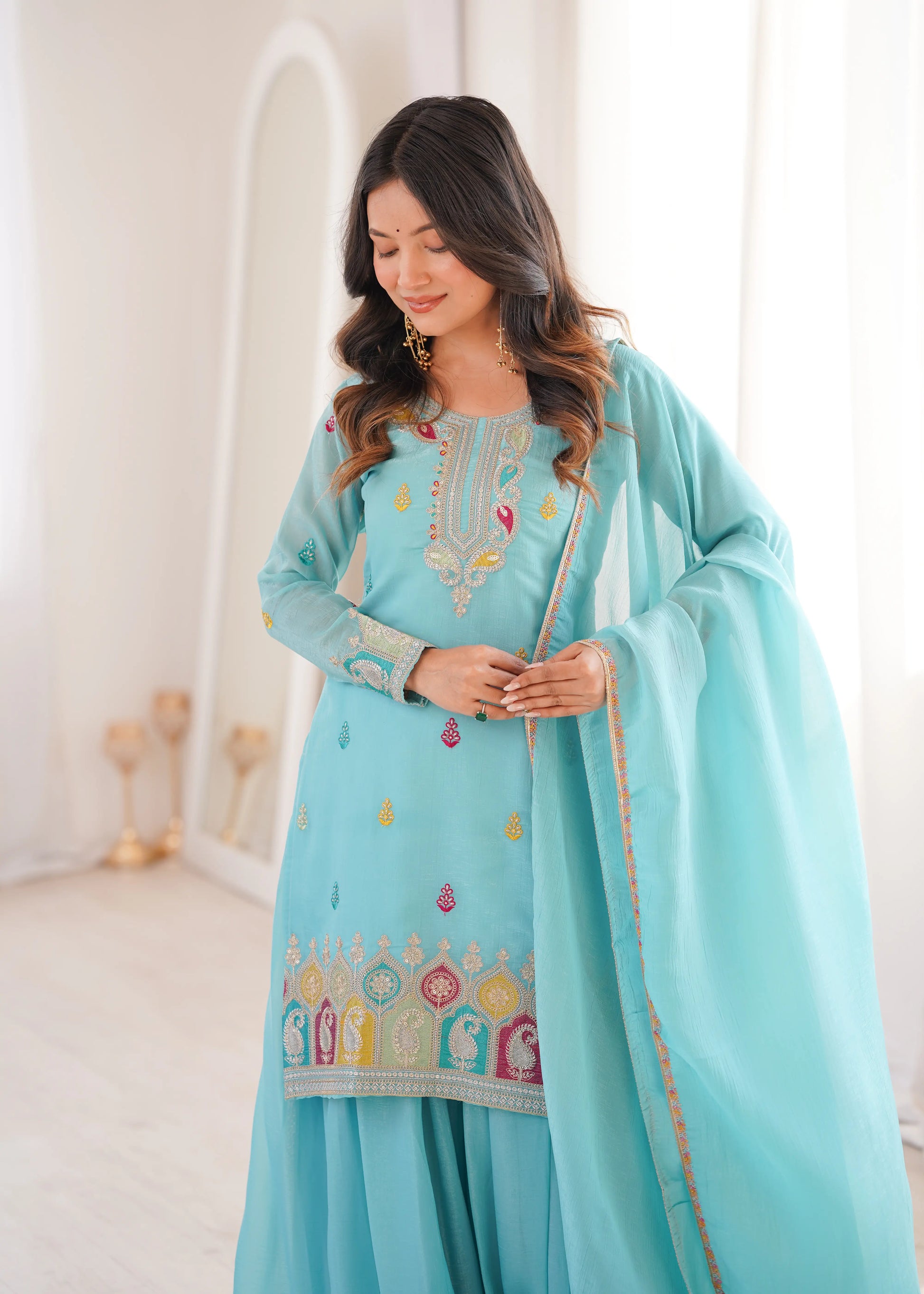 Premium Crunchy Silk Embroidered Sharara Set for Festive and Wedding Wear