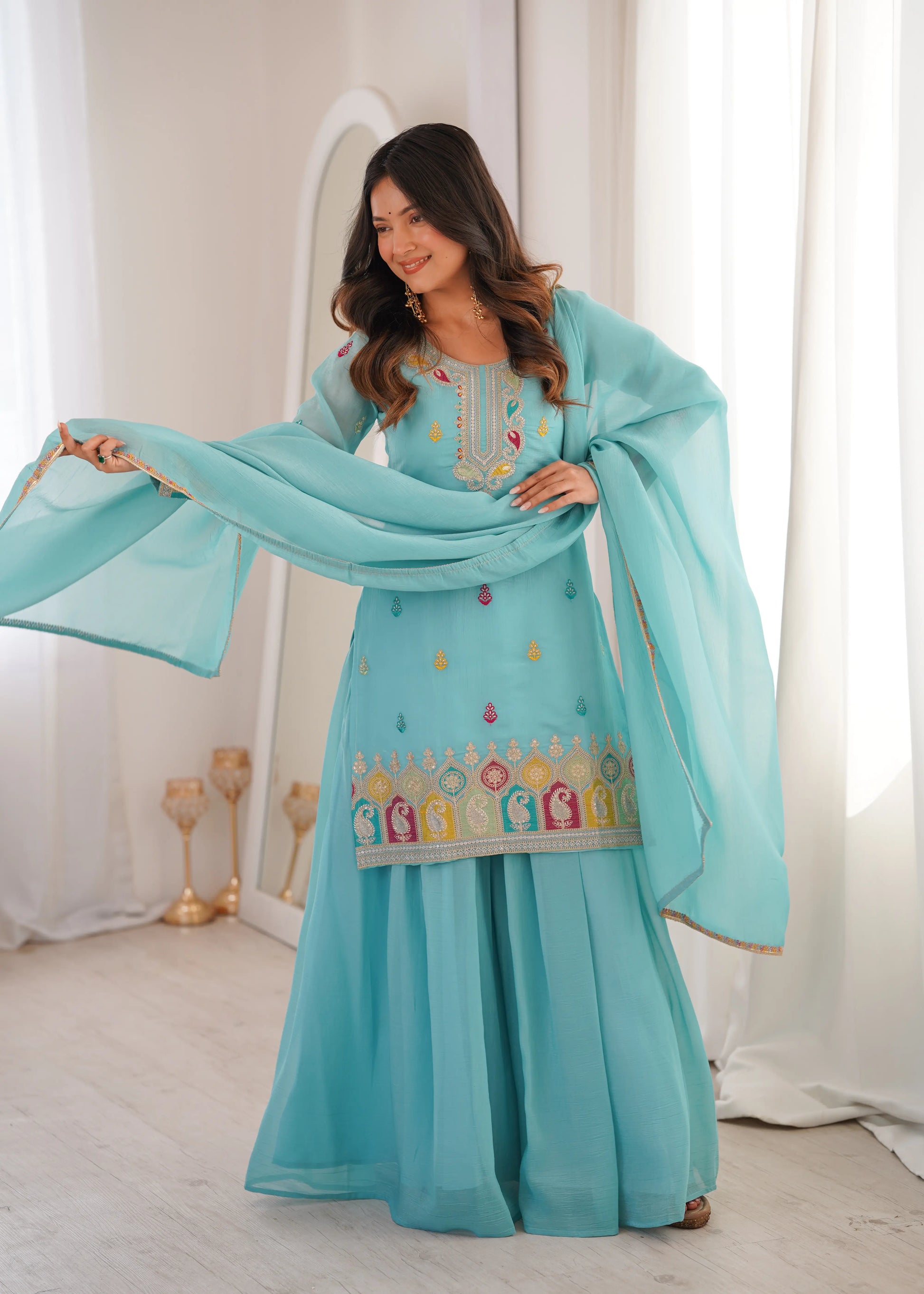 Premium Crunchy Silk Embroidered Sharara Set for Festive and Wedding Wear