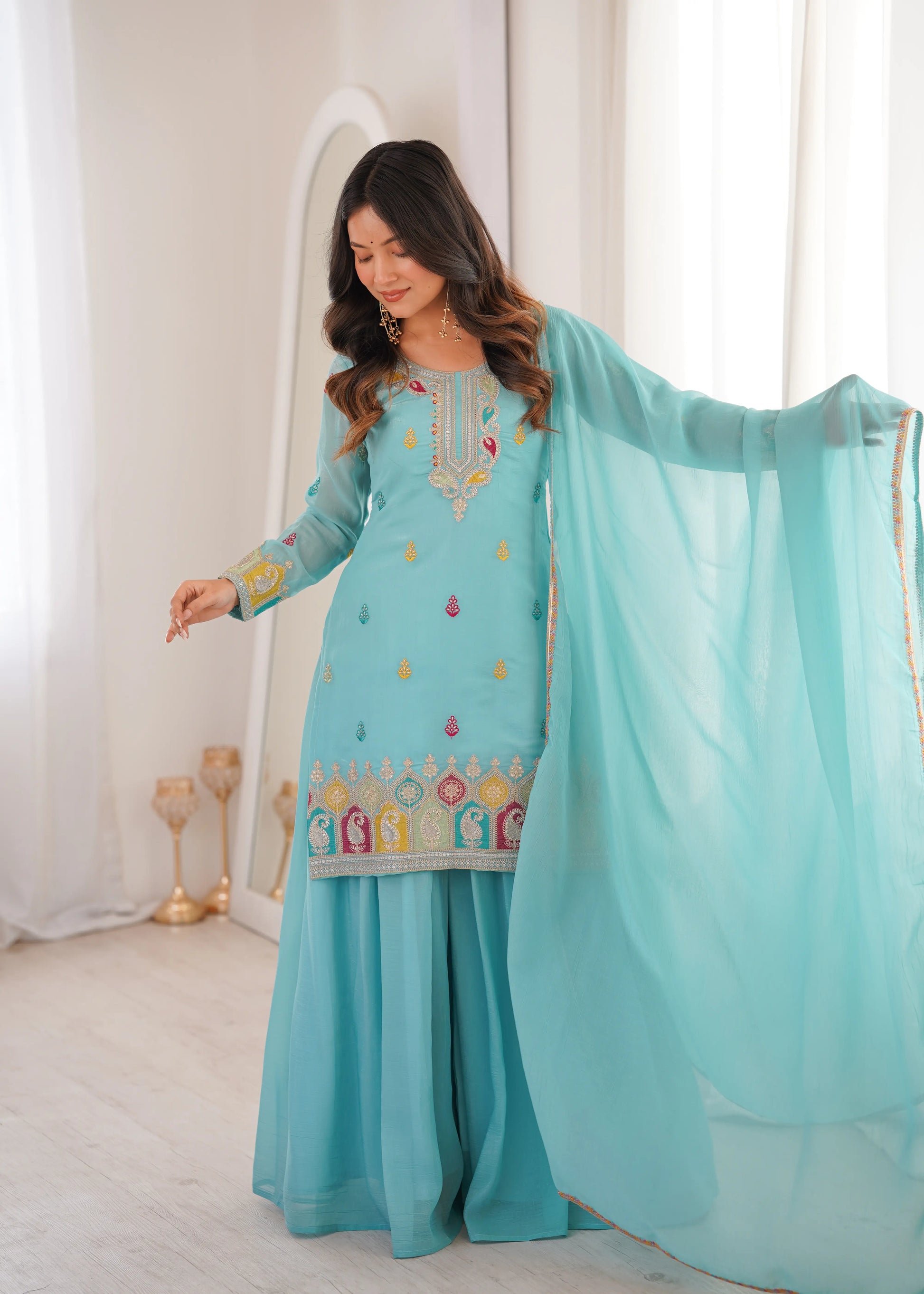 Premium Crunchy Silk Embroidered Sharara Set for Festive and Wedding Wear