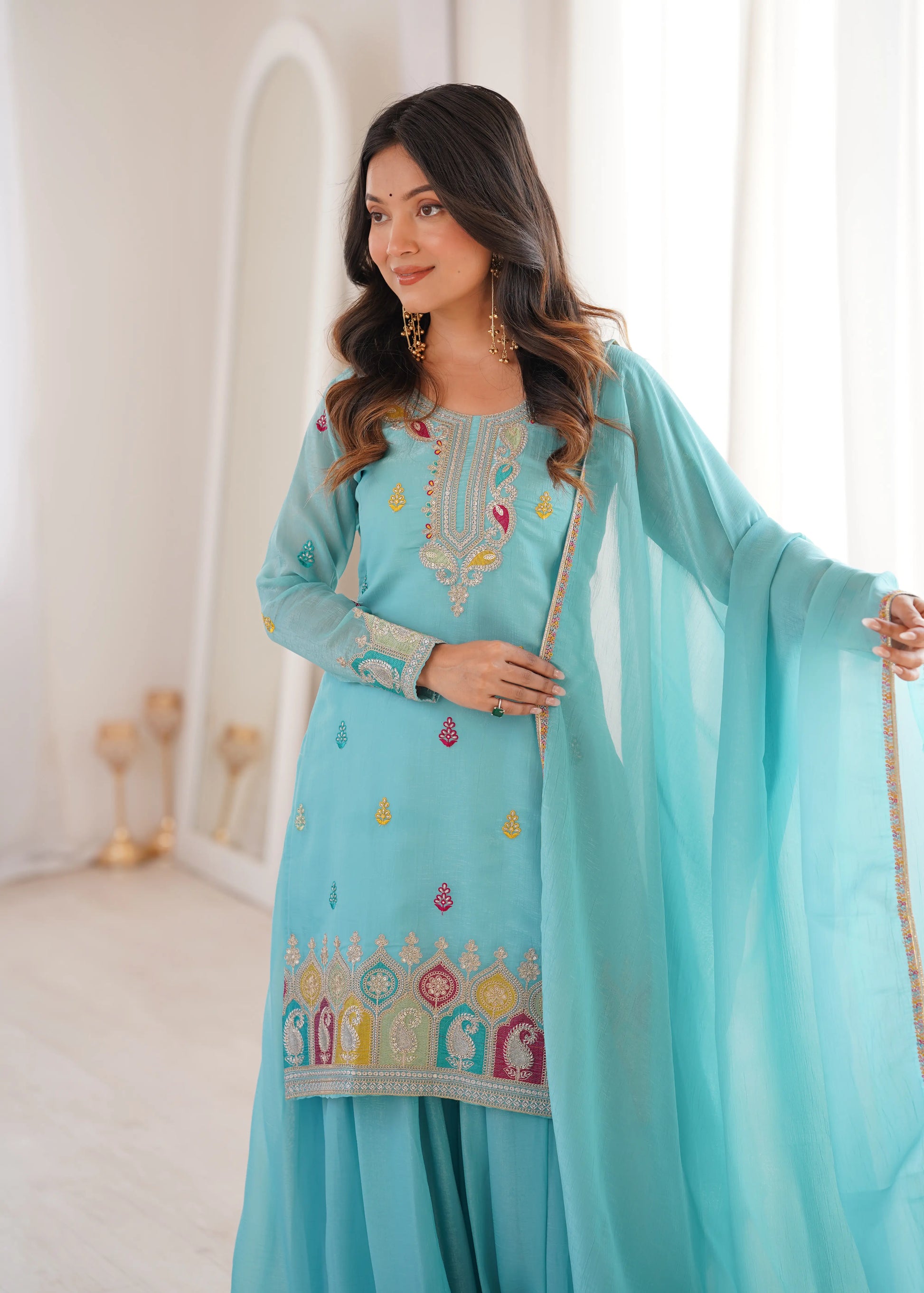 Premium Crunchy Silk Embroidered Sharara Set for Festive and Wedding Wear