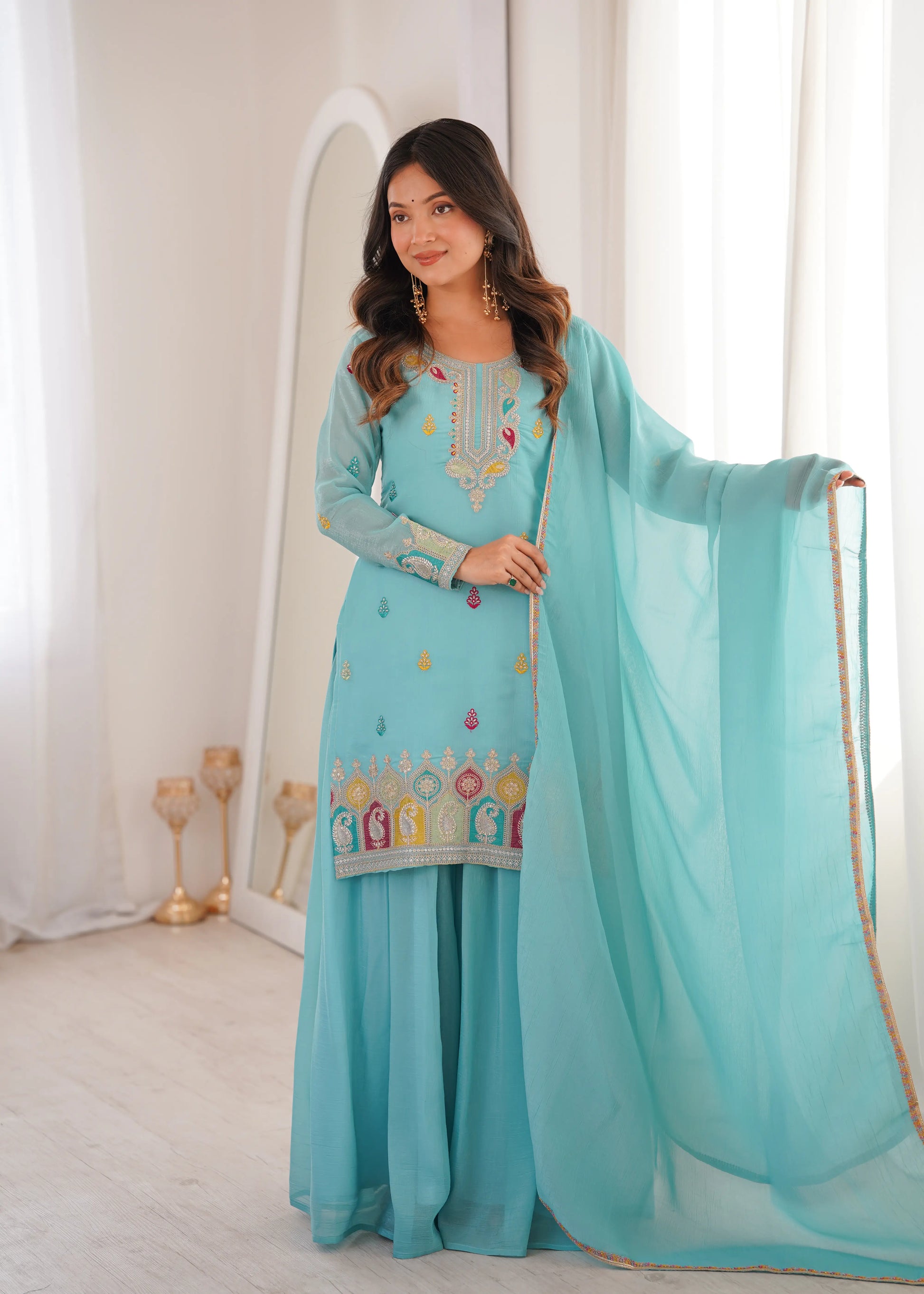 Premium Crunchy Silk Embroidered Sharara Set for Festive and Wedding Wear
