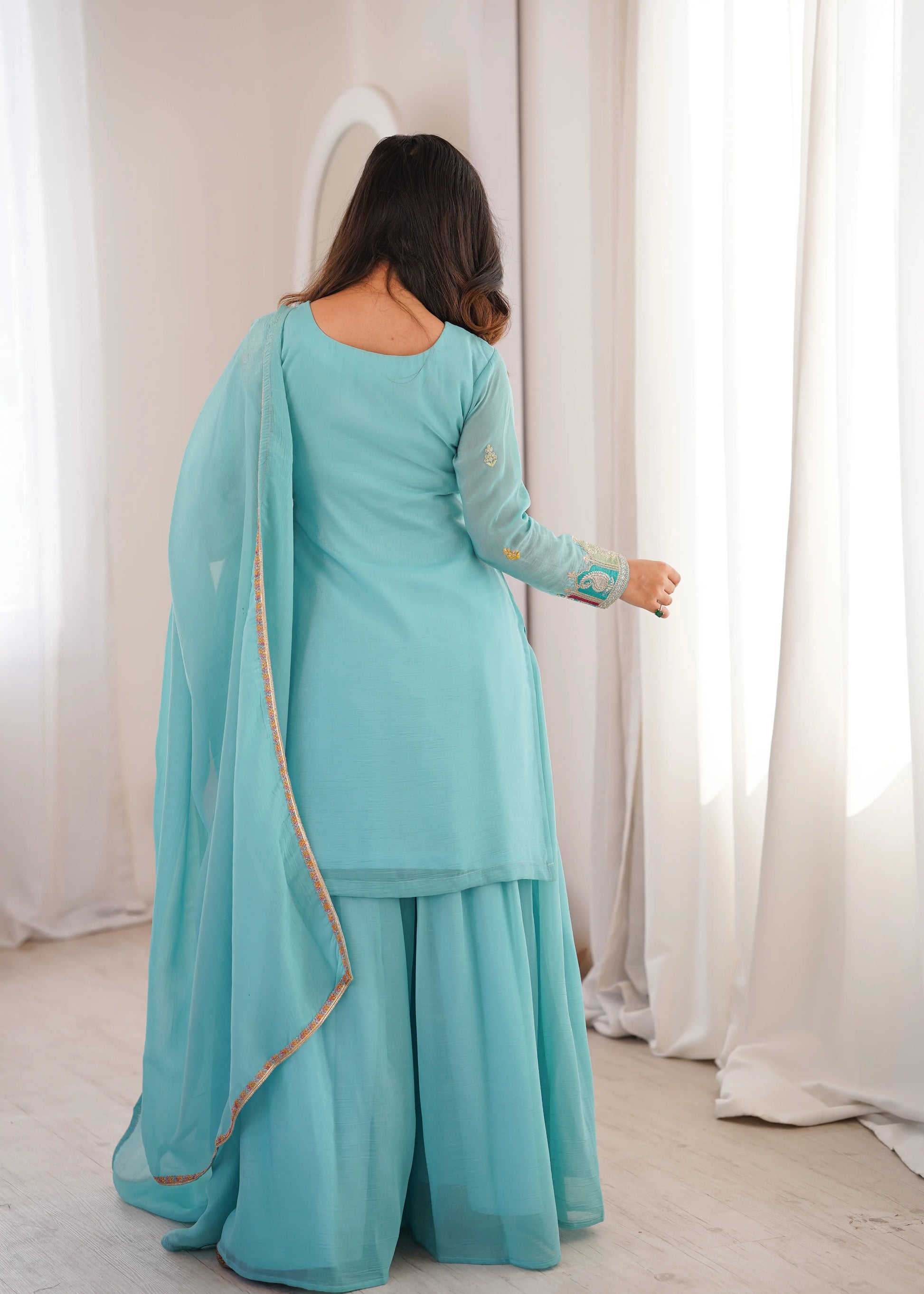 Premium Crunchy Silk Embroidered Sharara Set for Festive and Wedding Wear