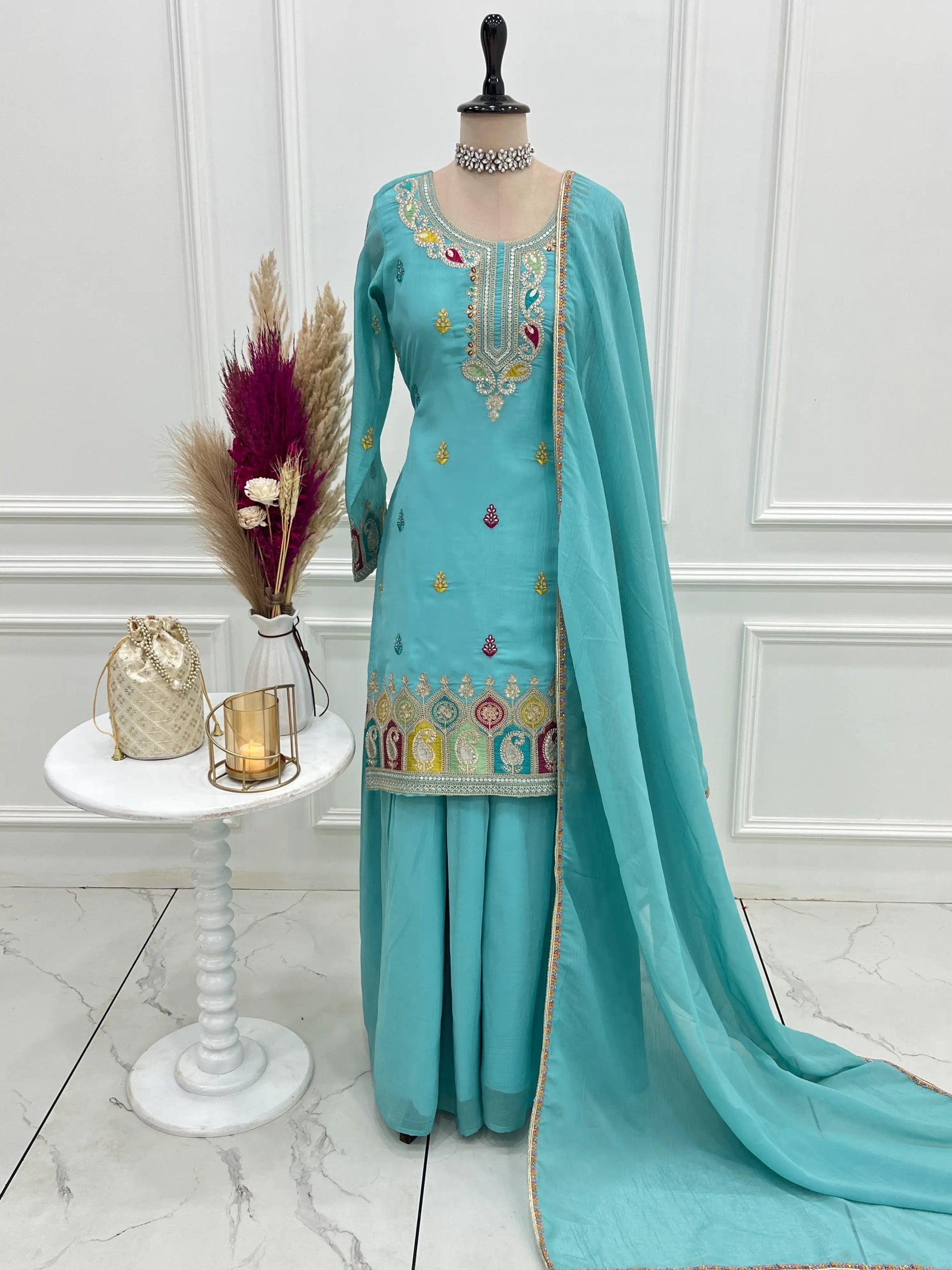 Premium Crunchy Silk Embroidered Sharara Set for Festive and Wedding Wear