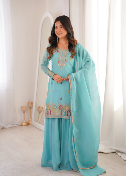 Premium Crunchy Silk Embroidered Sharara Set for Festive and Wedding Wear