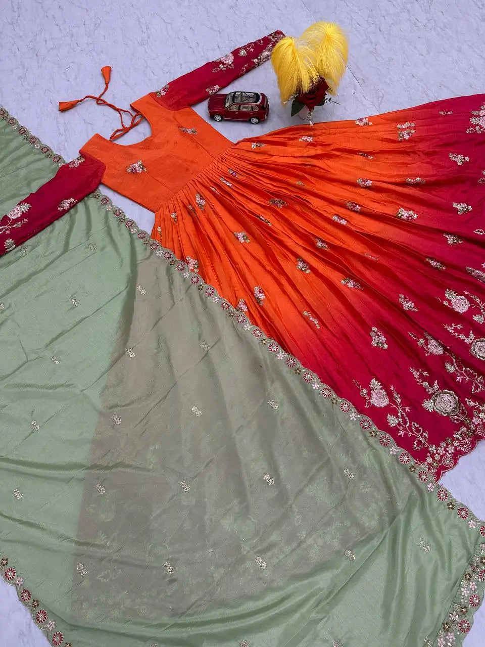 Premium Designer Embroidered Chinon Gown with Dupatta Set