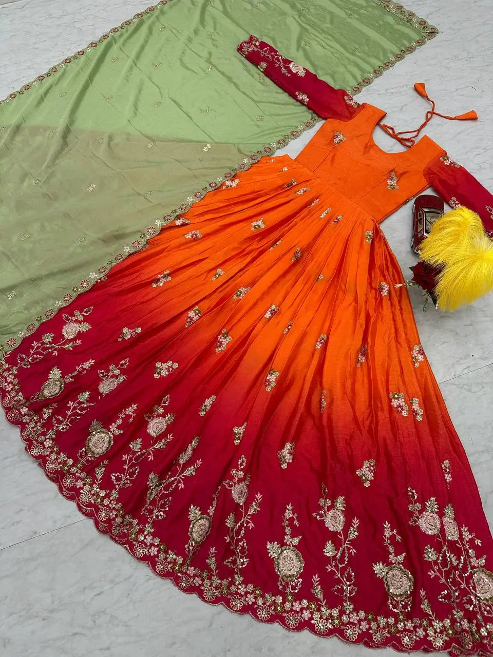 Premium Designer Embroidered Chinon Gown with Dupatta Set