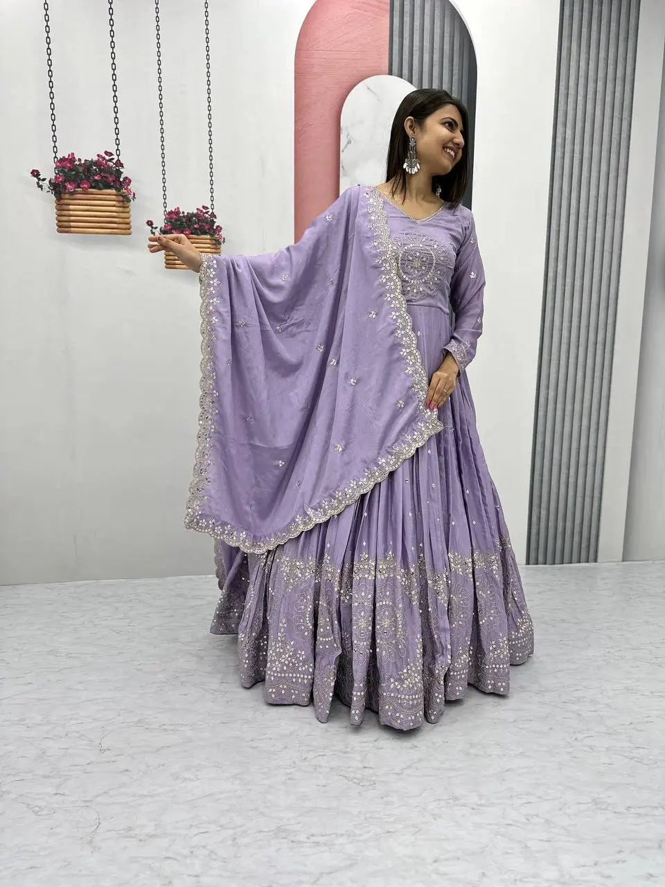 Premium Designer Embroidered Chinon Gown with Dupatta Set