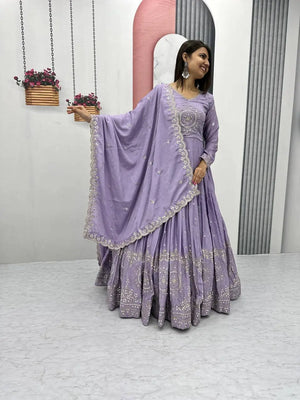 Premium Designer Embroidered Chinon Gown with Dupatta Set