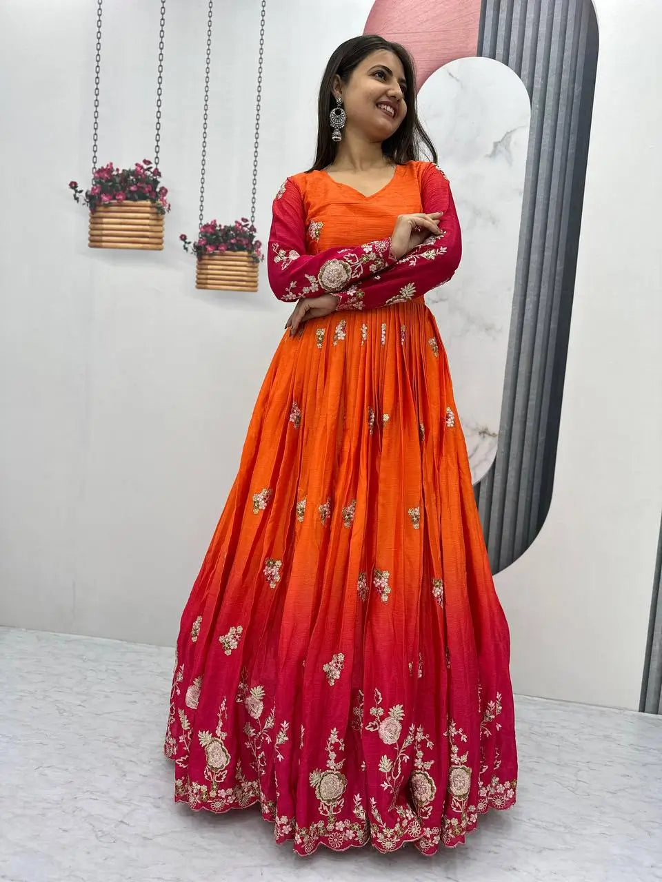 Premium Designer Embroidered Chinon Gown with Dupatta Set