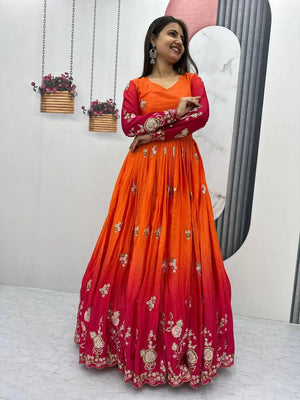 Premium Designer Embroidered Chinon Gown with Dupatta Set