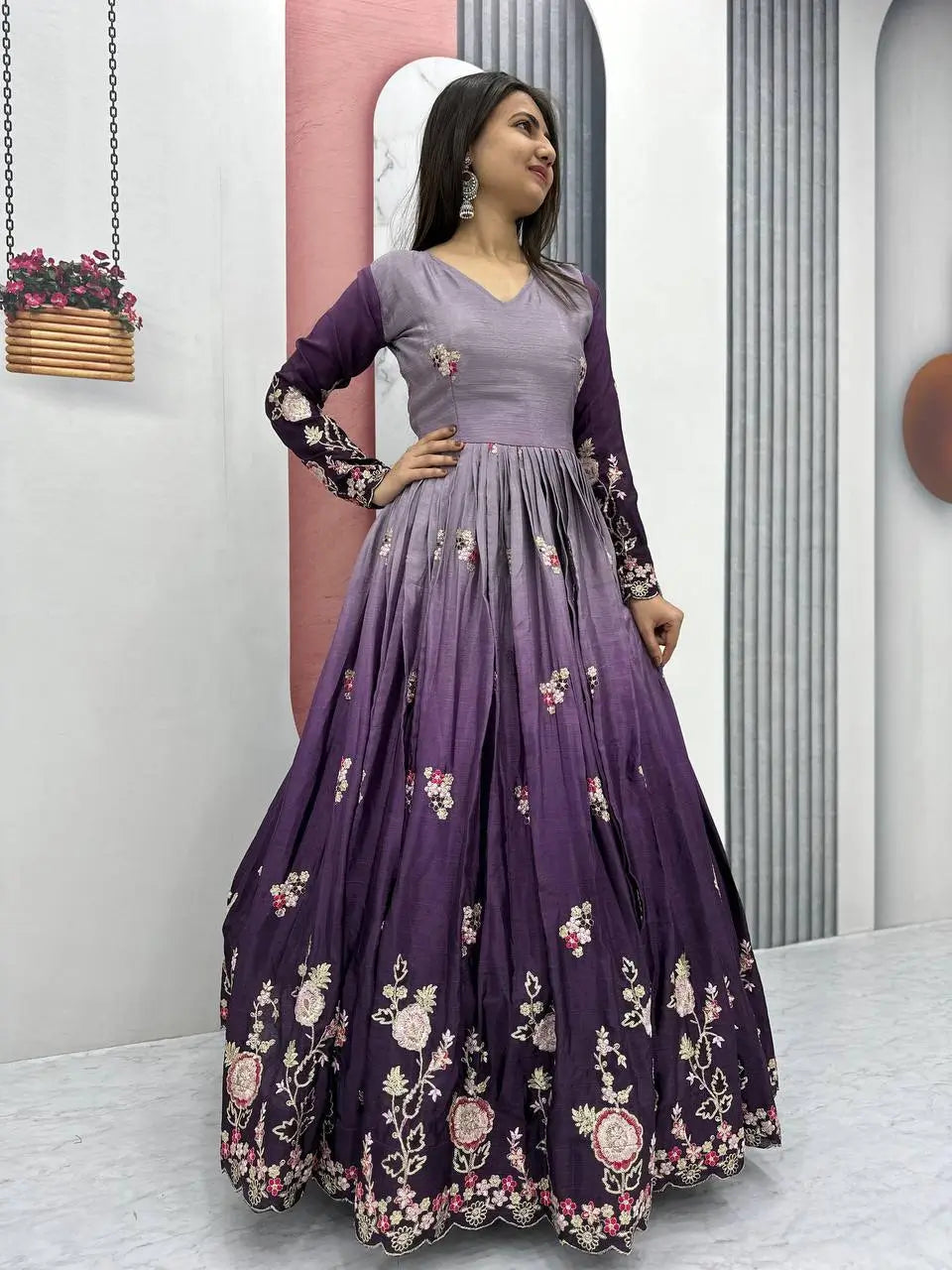 Premium Designer Embroidered Chinon Gown with Dupatta Set