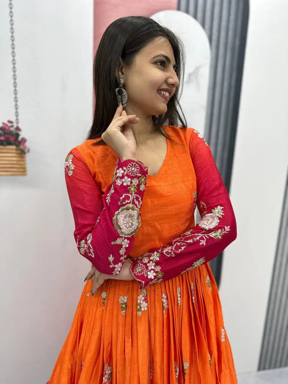 Premium Designer Embroidered Chinon Gown with Dupatta Set