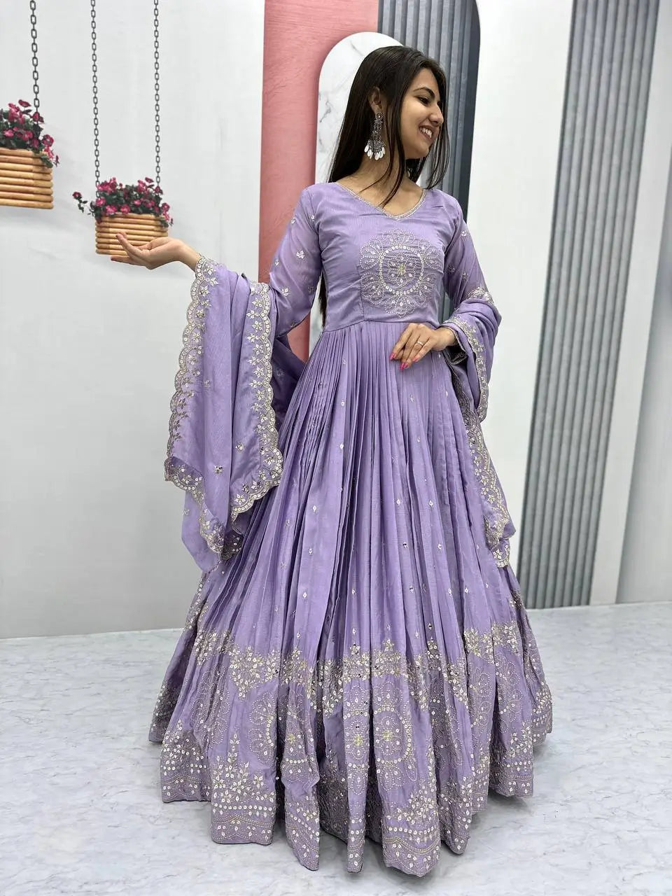 Premium Designer Embroidered Chinon Gown with Dupatta Set