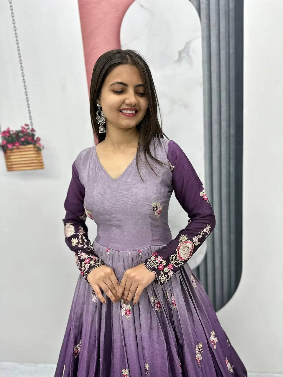 Premium Designer Embroidered Chinon Gown with Dupatta Set