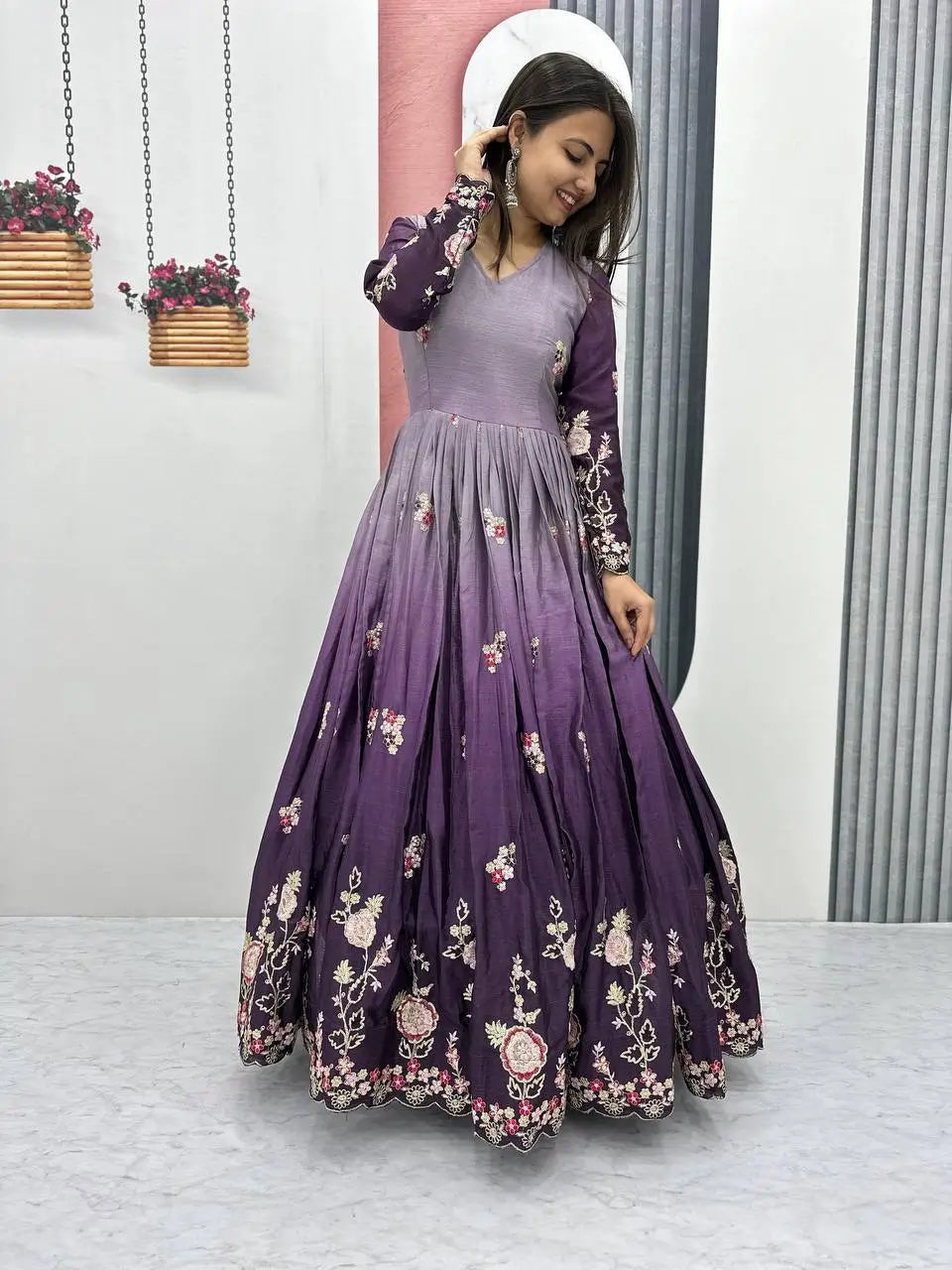 Premium Designer Embroidered Chinon Gown with Dupatta Set