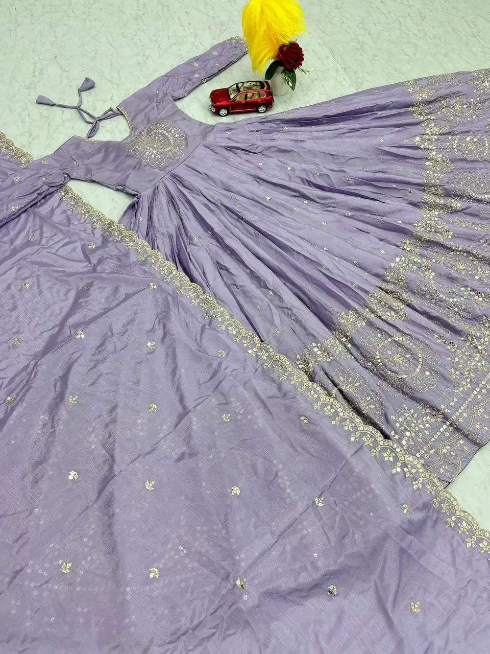 Premium Designer Embroidered Chinon Gown with Dupatta Set