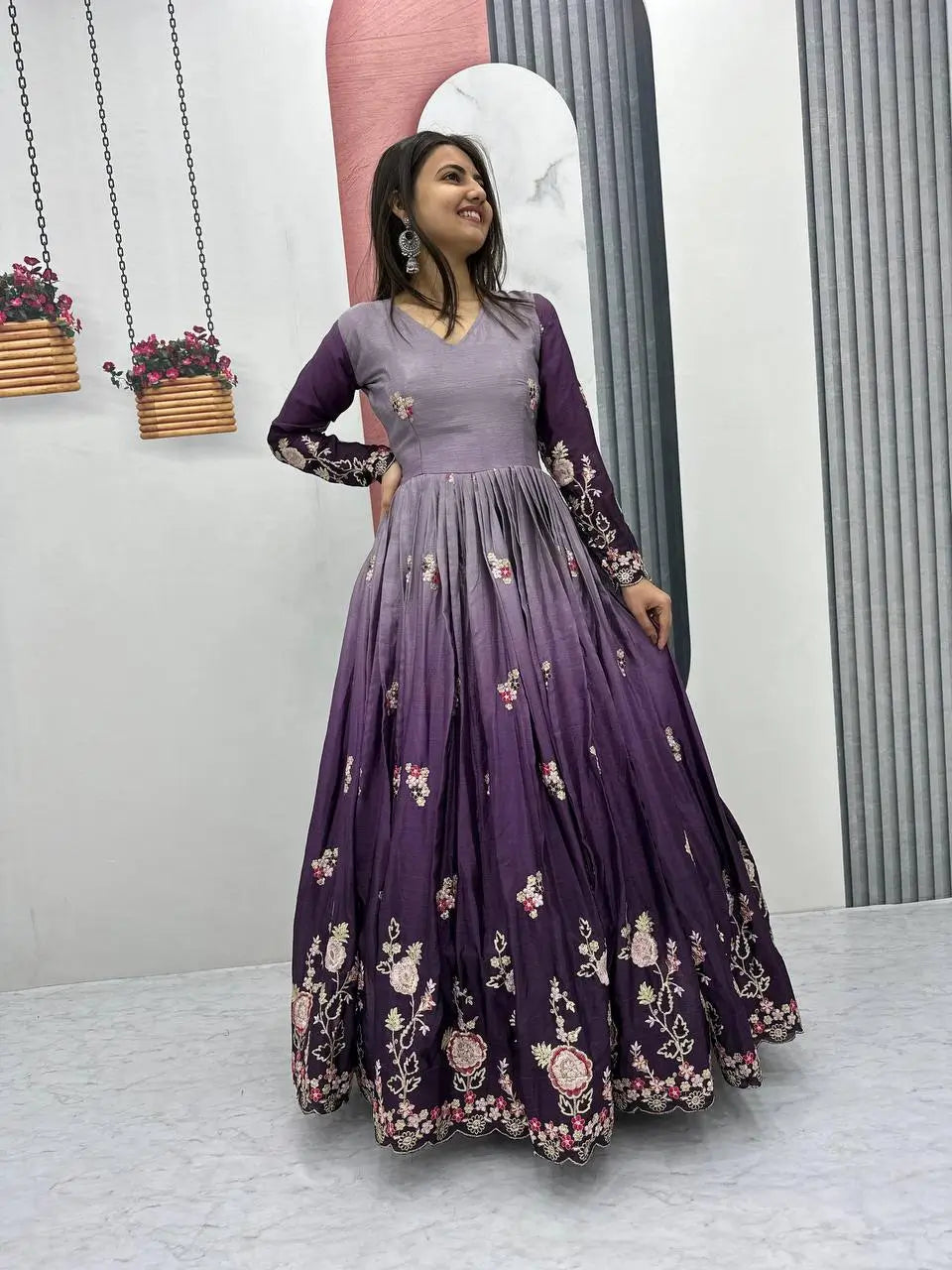 Premium Designer Embroidered Chinon Gown with Dupatta Set