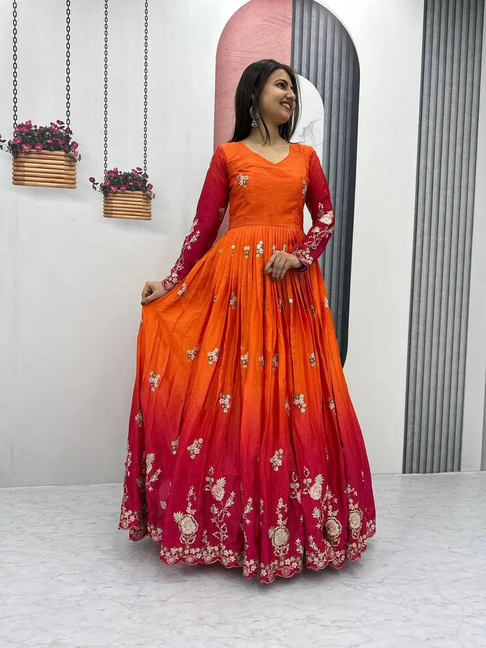 Premium Designer Embroidered Chinon Gown with Dupatta Set