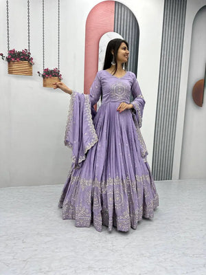 Premium Designer Embroidered Chinon Gown with Dupatta Set