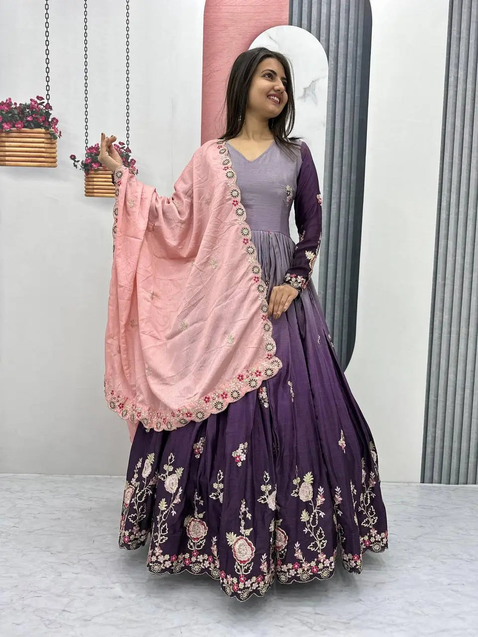 Premium Designer Embroidered Chinon Gown with Dupatta Set
